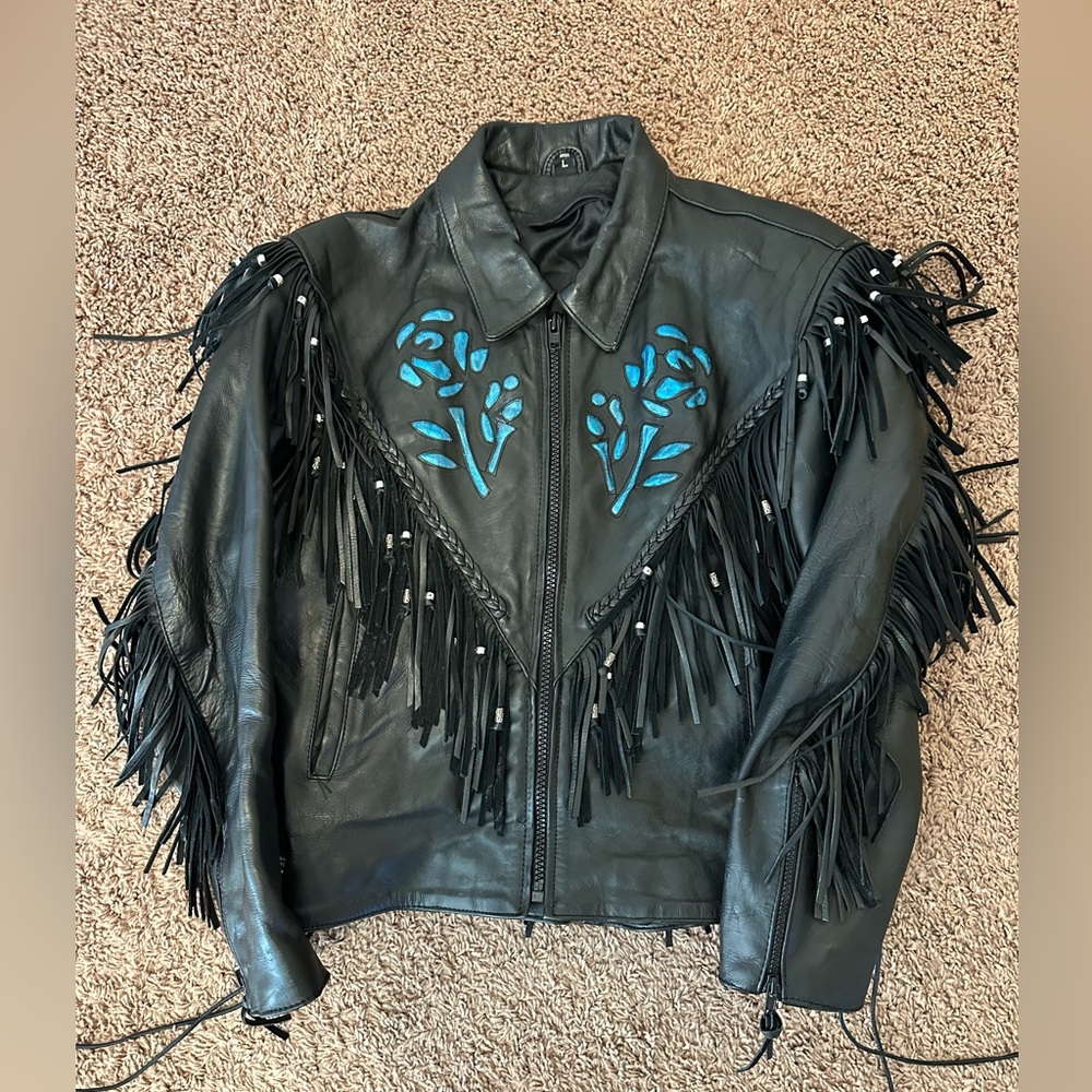 Women's Vintage 90's Leather Motorcycle Jacket w/ Fringe and Rose Inset | Size L